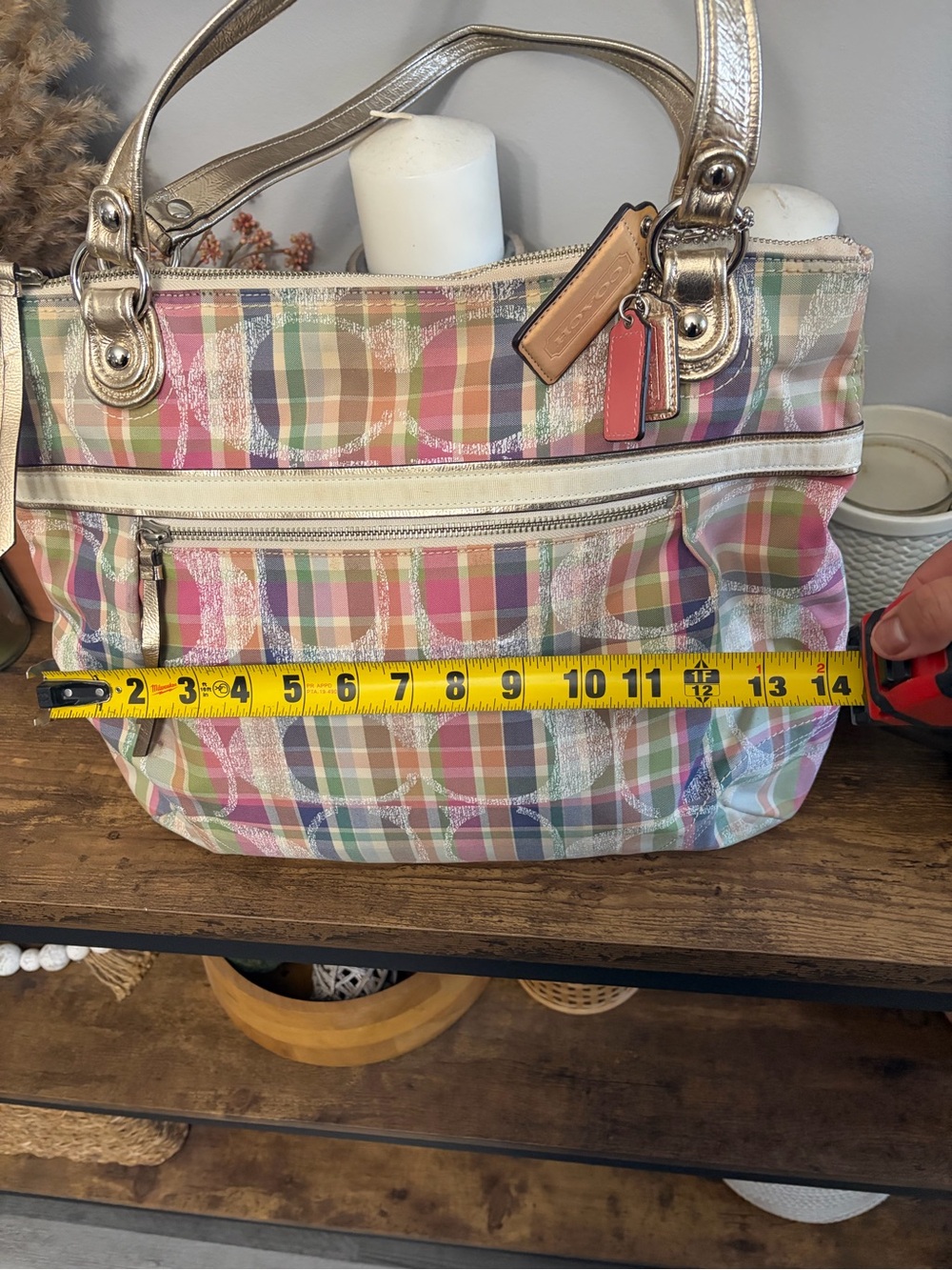 Coach madras Plaid Multicolor Tote Bag with Metallic Handles - Picture 2 of 7